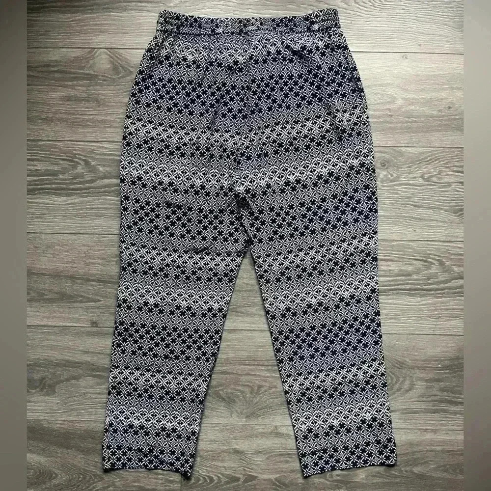 Diane Von Furstenberg 100% Silk Navy Geometric Tribal Print Drawstring Pants 6 - Picture 2 of 10